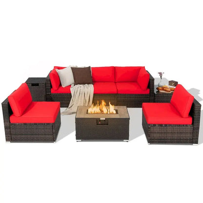 8-Piece All-Weather Rattan Patio Set  Fire Pit Table, Tank Holder, Cover, and Deck Accessories