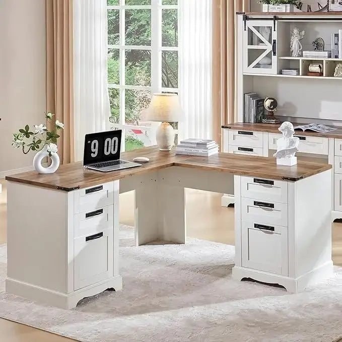 60-Inch L-Shaped Farmhouse Executive Desk  Wood Corner Computer Workstation