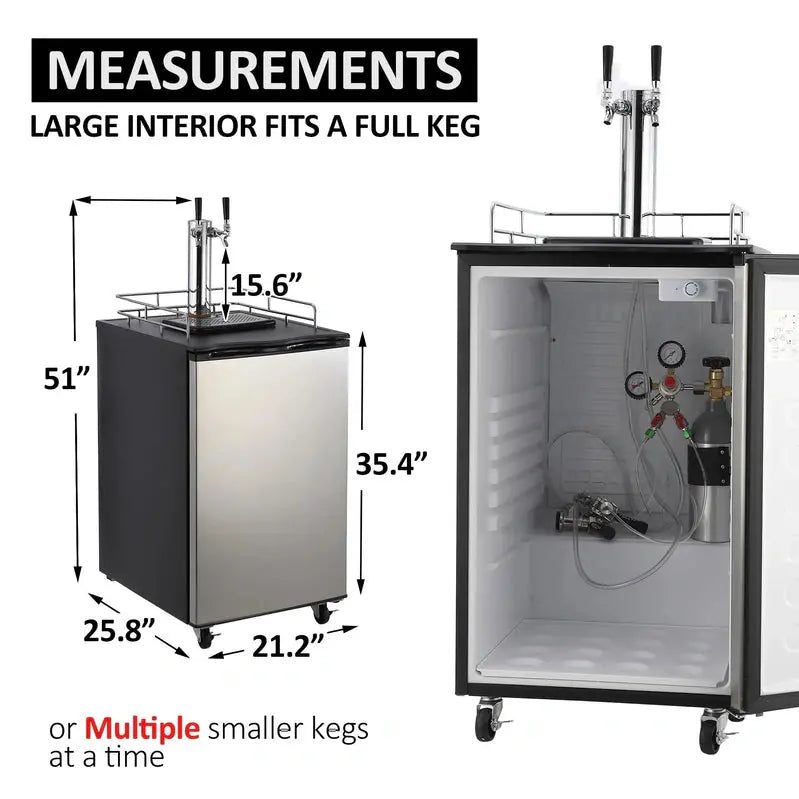 Dual-Tap Stainless Steel Beer Kegerator: Full-Size Draft Dispenser with CO2 Tank & Adjustable Temp (32°F50°F)