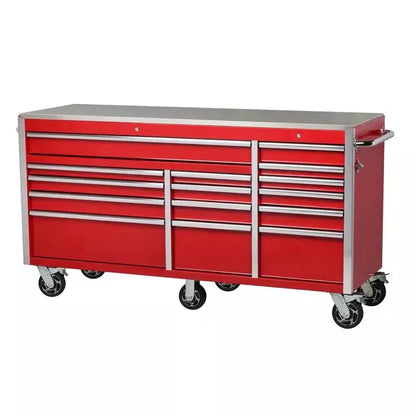 Heavy-Duty Mobile Tool Chest: 72 in W × 24 in D, 15-Drawer Workbench with Stainless Steel Top & Dual Security Locks  Red