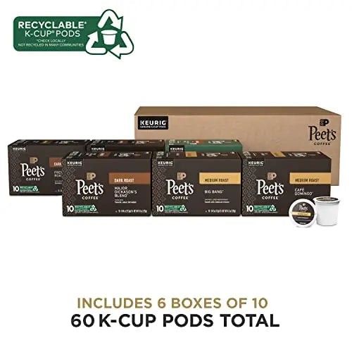 Peet’s Coffee Bestseller Variety Pack: Major Dickason’s, Big Bang, French Roast, Café Domingo, Organic Alma De La Tierra, House Blend (60 Count)