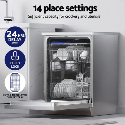 Devanti Freestanding Dishwasher  60cm Wide, 14-Place Setting Silver Unit