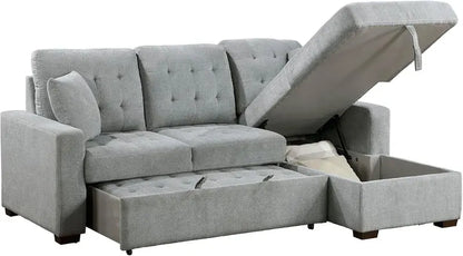 Modern L-Shaped Sleeper Sectional Sofa with Right-Side Storage Chaise and Pull-Out Bed  Gray Fabric