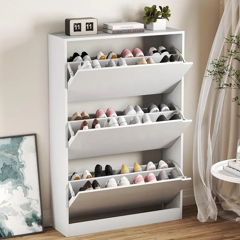 Discreet Freestanding Wood Shoe Cabinet with Three Concealed Flip Drawers
