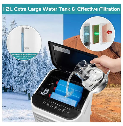 Portable Evaporative Air Cooler with LED Display, 12L Tank, 4 Ice Packs & 7.5-Hour Timer  Bladeless Design for Bedrooms and Living Spaces