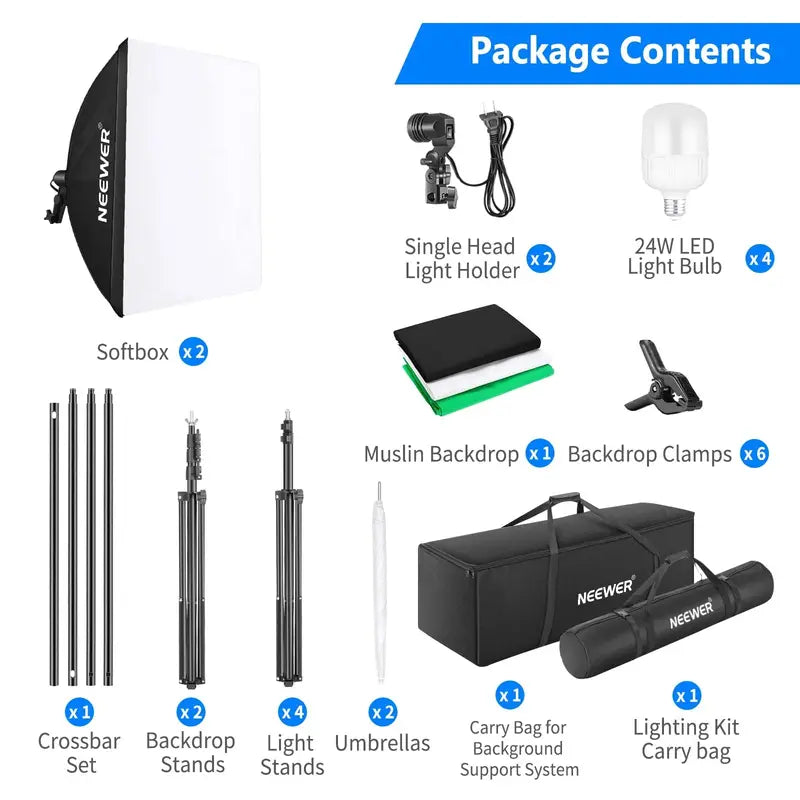 NEEWER Professional Photography Lighting Kit  Includes Softbox Lights, Light Stands, and Collapsible Backdrops