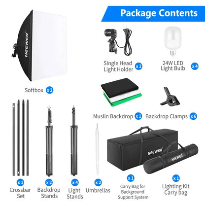 NEEWER Professional Photography Lighting Kit  Includes Softbox Lights, Light Stands, and Collapsible Backdrops