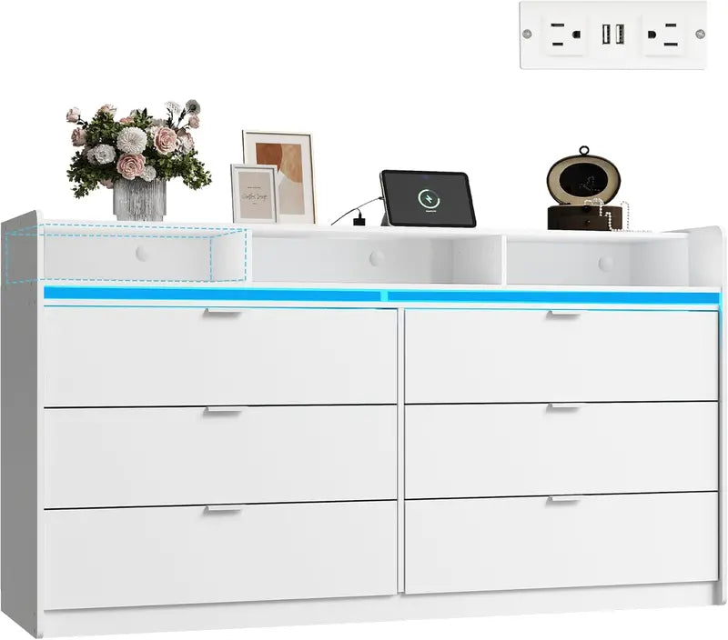 9-Drawer LED TV Dresser  58.35-Inch Wood Dresser with Power Outlets, Open Shelving & Bedroom Storage