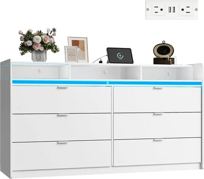 9-Drawer LED TV Dresser  58.35-Inch Wood Dresser with Power Outlets, Open Shelving & Bedroom Storage