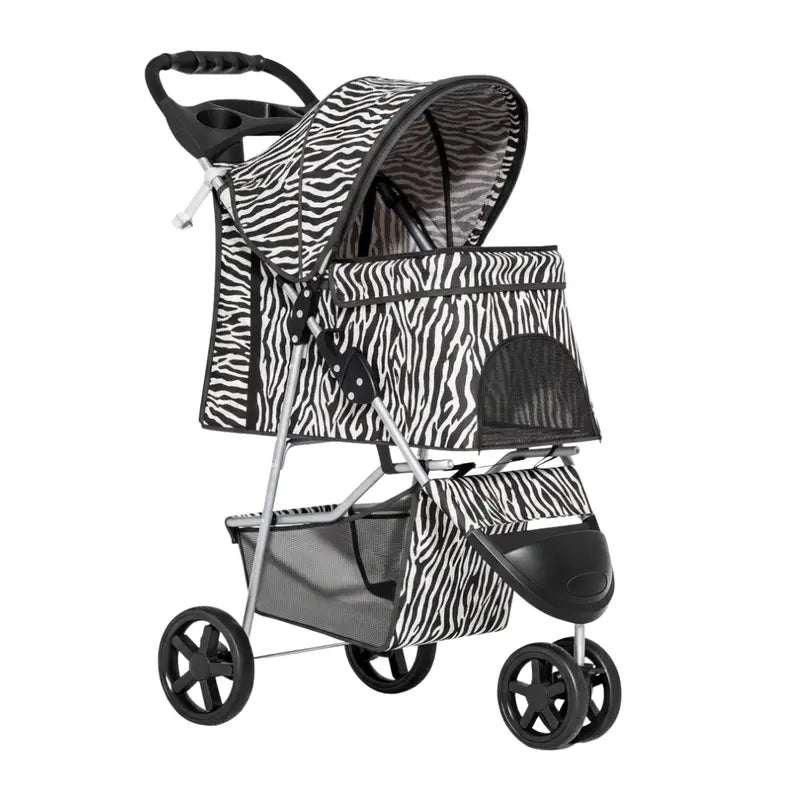 All-Weather Foldable Pet Stroller with Canopy, Cup Holders, and Undercarriage Basket