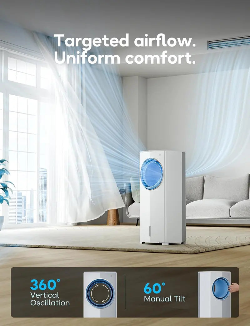 Windowless Evaporative Air Cooler  Compact 26.3″ Portable Unit with 3 Speeds, 4 Modes, 7-Hour Timer, Ice Packs & Remote for Bedroom Use
