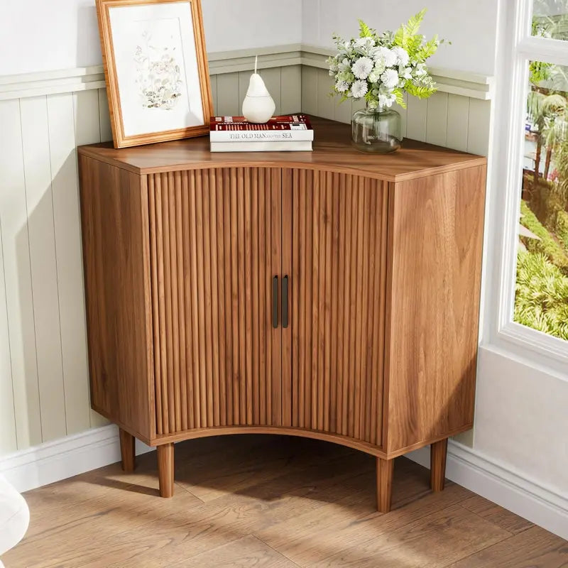 Compact Fluted Wooden Corner Base Cabinet — Minimalist Storage Solution