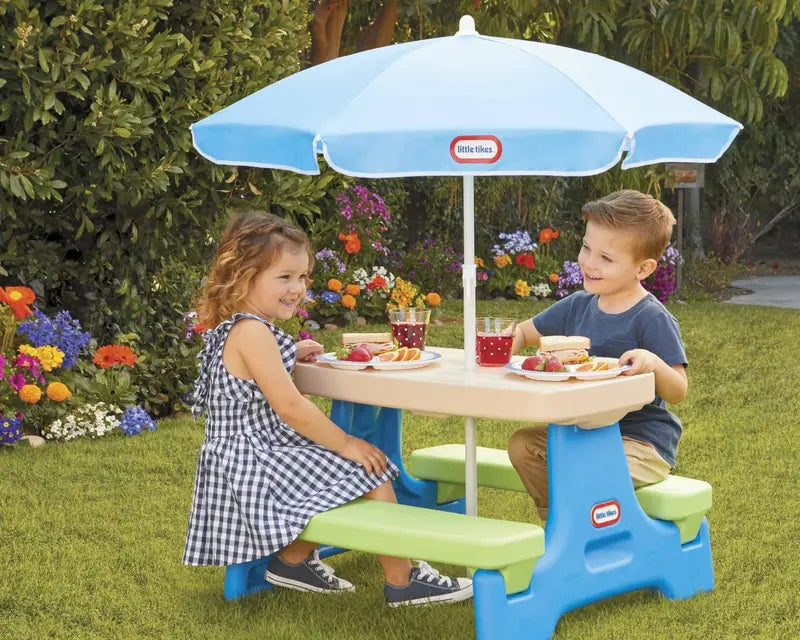 Little Tikes Easy-Store Kids’ Picnic Table  Durable Indoor/Outdoor Design with Umbrella, Ages 2+