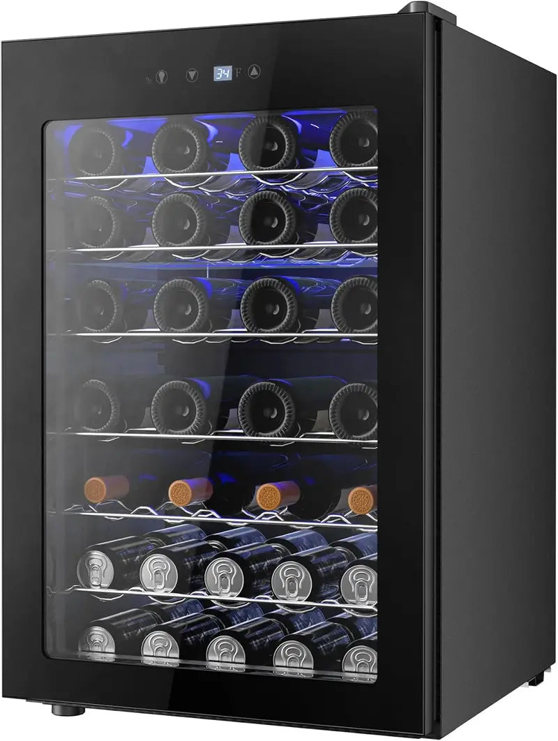 126-Can Beverage Mini Fridge with Tempered Glass Door  Adjustable Shelves & Stainless Steel Finish for Home, Office, or Bar