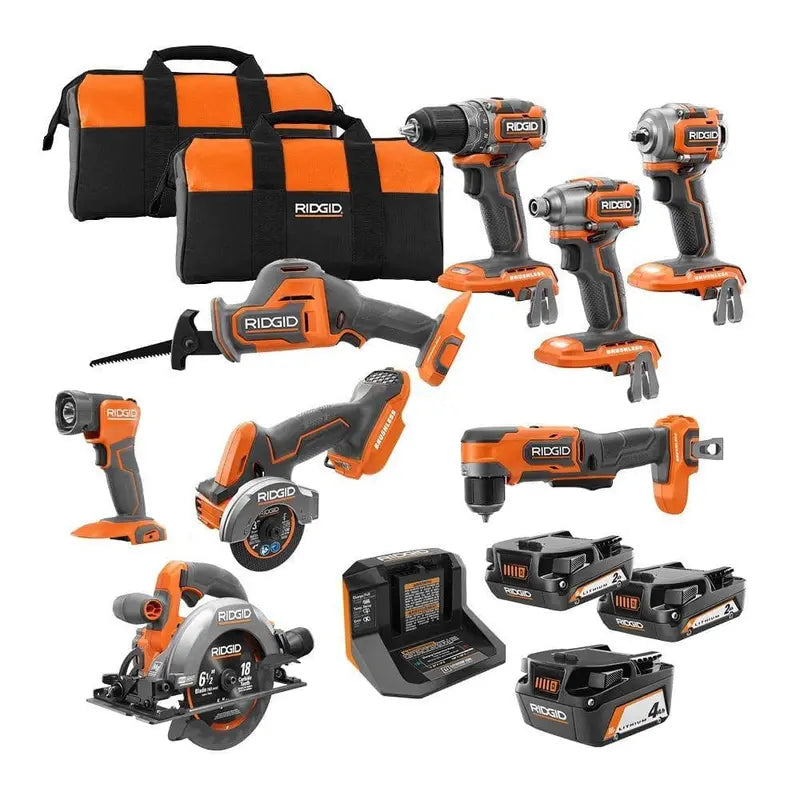 RIDGID 18V SubCompact Brushless Cordless 8-Tool Combo Kit with (2) 2.0 Ah Batteries, 4.0 Ah Battery, Charger, and Bag R96262N