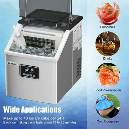 24-Hour Stainless Steel Countertop Ice Maker  48LB Capacity, LCD Display, Self-Cleaning Function & Included Scoop