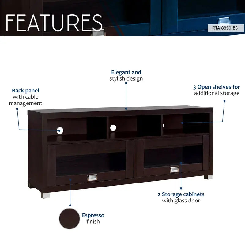 Techni Mobili Durbin 58″ TV Stand, Espresso Finish, Fits TVs Up to 75″, Contemporary Design with Storage
