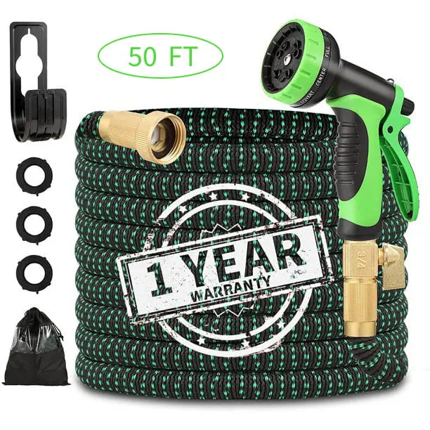 50 FT Flexible and Expandable Garden Hose  Strongest Triple Latex Core with 3/4″ Solid Brass Fittings and 8 Function Spray Nozzle, Easy Storage Kink Free Water Hose