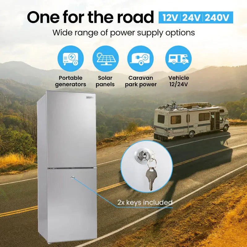 Gecko 160L Portable Fridge-Freezer  12V/24V/240V Dual-Power Upright Cooler for Caravans & Motorhomes (Silver)