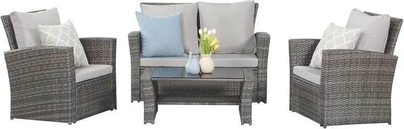 Wisteria Lane 4-Piece Navy Blue All-Weather Wicker Patio Sofa Set with Cushions and Glass Table