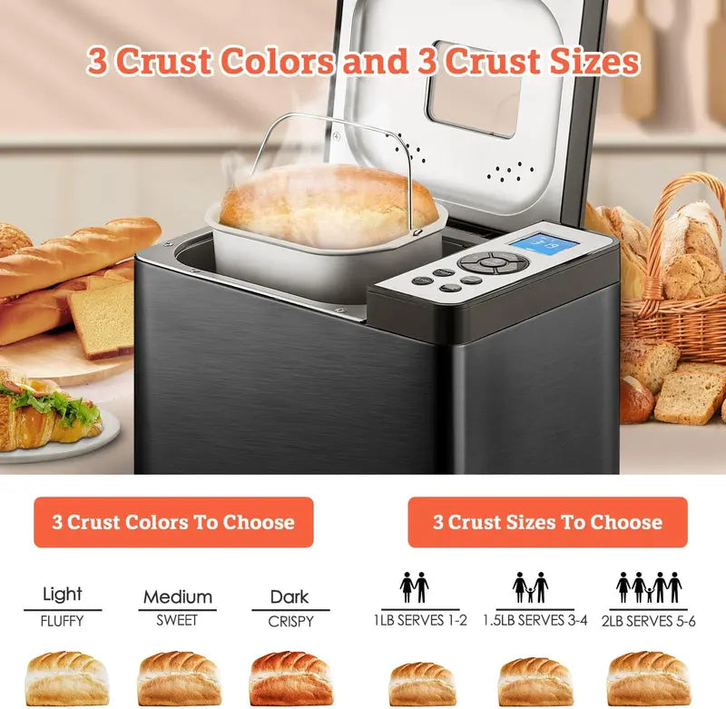 KBS 2LB Stainless Steel Bread Machine  19-in-1 Programmable Baker with Ceramic Pot and Three Loaf Sizes