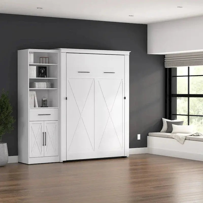 Key West Full Murphy Bed with Built-In Wardrobe  Bestar Space-Saving Wall Bed Unit (88″ Wide) with Closet Integration