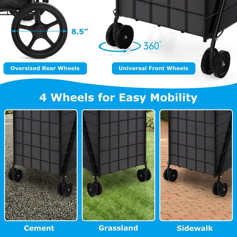 Heavy-Duty Folding Grocery Cart  330-LB Capacity, Dual Baskets, and 360° Swivel Wheels