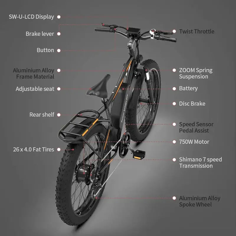 26-Inch Adult Fat-Tire Electric Mountain Bike  48V/13Ah/750W Motor, 7-Speed Drivetrain, Black S48 Frame