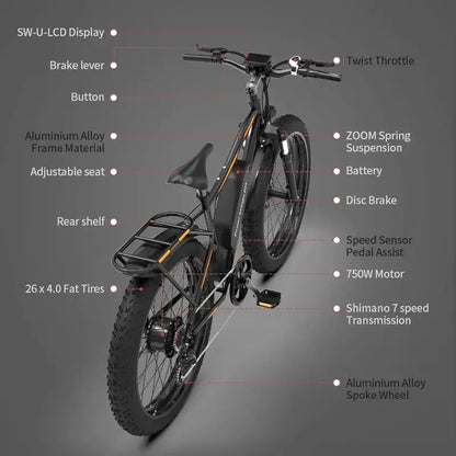 26-Inch Adult Fat-Tire Electric Mountain Bike  48V/13Ah/750W Motor, 7-Speed Drivetrain, Black S48 Frame