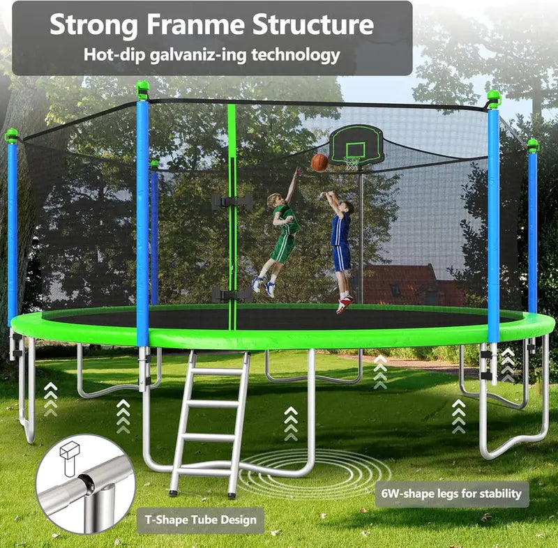16-Foot Upgraded Trampoline with Enclosure Net and Adjustable Basketball Hoop