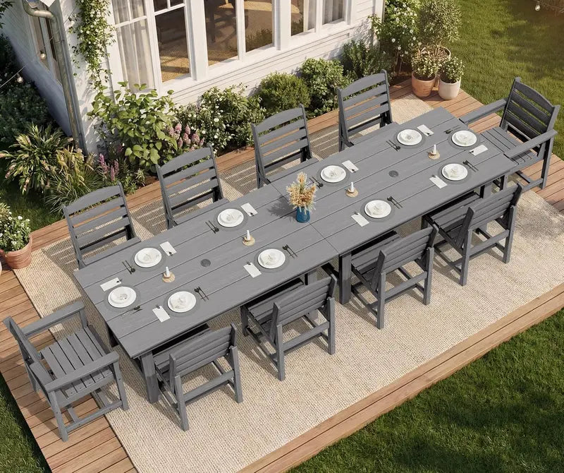 SERWALL 7-Piece Blue HDPE Outdoor Dining Set with Umbrella Hole and Stackable Chairs