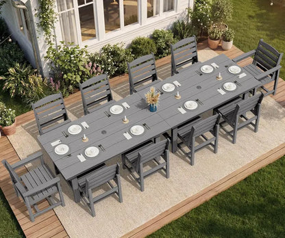 SERWALL 7-Piece Blue HDPE Outdoor Dining Set with Umbrella Hole and Stackable Chairs