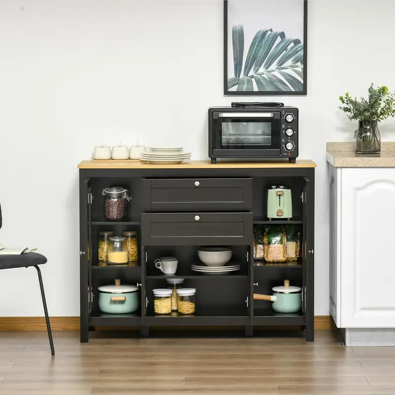 Oak-and-White Coffee Bar Sideboard — Glass-Door Cabinet with 2 Drawers, 3 Compartments & Adjustable Shelving