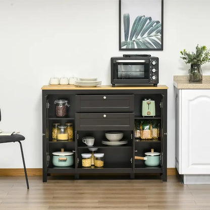 Oak-and-White Coffee Bar Sideboard — Glass-Door Cabinet with 2 Drawers, 3 Compartments & Adjustable Shelving