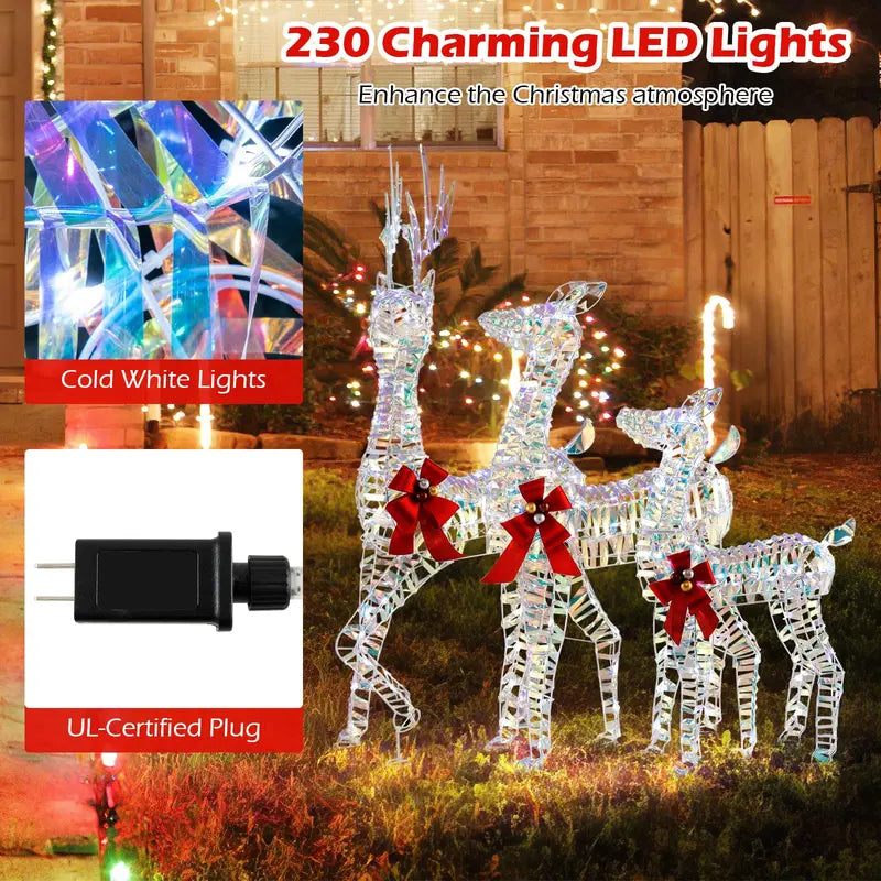 Three-Piece Lighted Reindeer Family — Large-Scale Outdoor Christmas Decor with Integrated LED Lighting and Bows