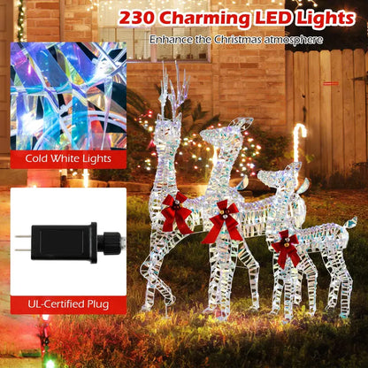 Three-Piece Lighted Reindeer Family — Large-Scale Outdoor Christmas Decor with Integrated LED Lighting and Bows