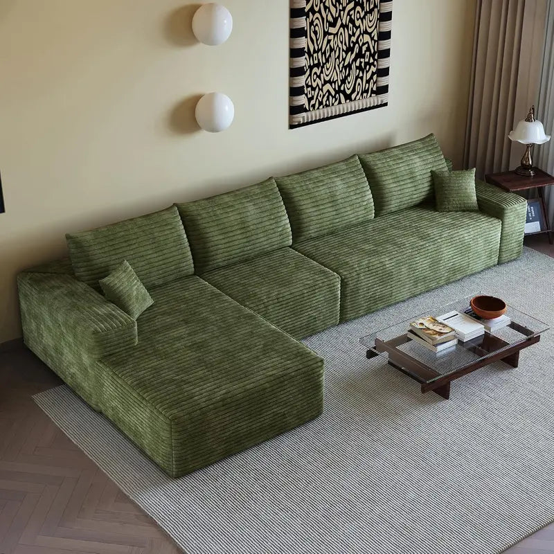 135″ Minimalist Corduroy Sectional  Compressed High-Density Foam Lounge Sofa with Anti-Slip Base
