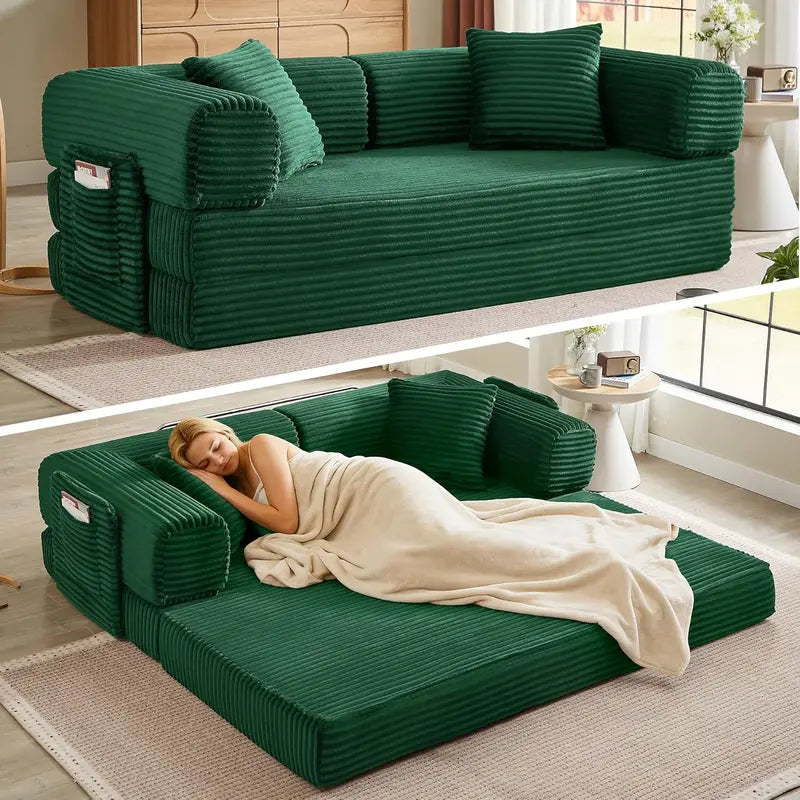 White Boneless Folding Sofa  81″ Corduroy Futon Couch Bed with Fixed-Shape Design for Small Spaces