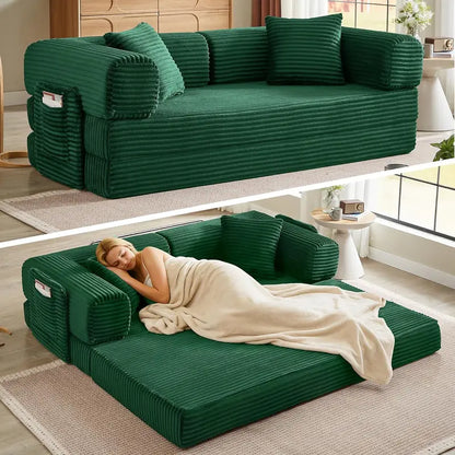 White Boneless Folding Sofa  81″ Corduroy Futon Couch Bed with Fixed-Shape Design for Small Spaces