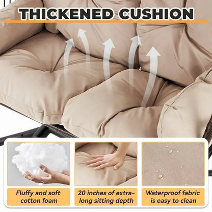 Double Outdoor Swing Loveseat  Foldable Egg Chair with Stand, Awning & Cushions (Beige)