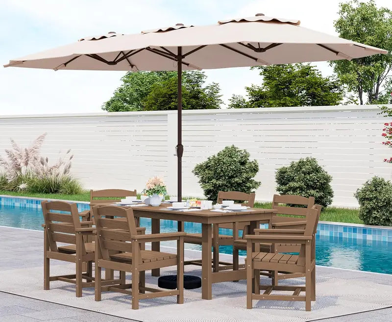 SERWALL 7-Piece Blue HDPE Outdoor Dining Set with Umbrella Hole and Stackable Chairs
