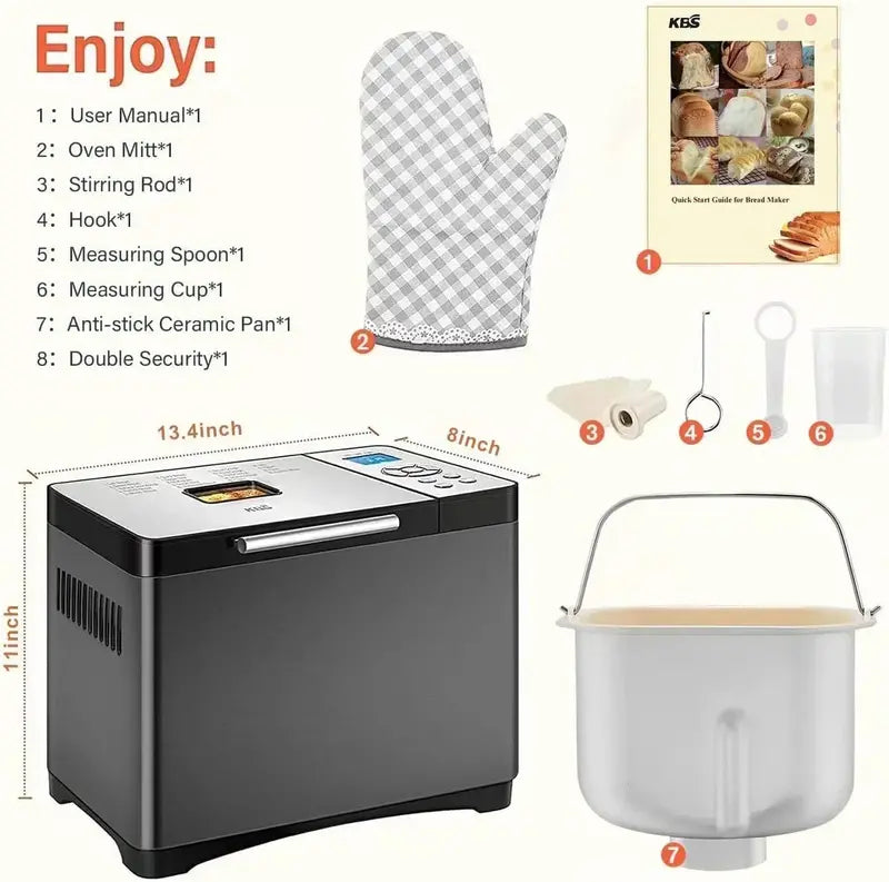 KBS 2LB Stainless Steel Bread Maker  19-in-1 Fully Automatic Machine with Ceramic Baking Pan