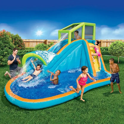 Banzai Inflatable Water Slide & Pool Combo  14′ L x 8′ H Backyard Splash Pad with Sprinkler Wave, Water Wall & Reinforced PVC Construction
