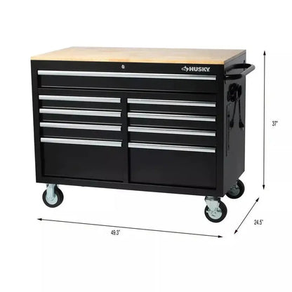 46-Inch Gloss Black Mobile Workbench  9-Drawer Deep Tool Chest with Casters and Heavy-Duty Frame