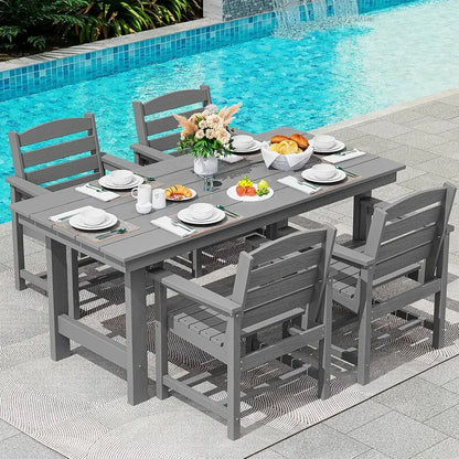 SERWALL 7-Piece Blue HDPE Outdoor Dining Set with Umbrella Hole and Stackable Chairs