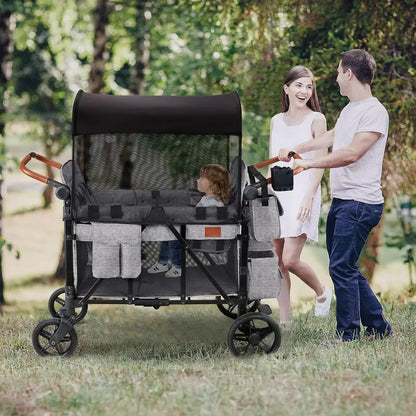 All-Terrain 4-Child Wagon Stroller — Quad-Seater with Canopy, 5-Point Harness, Parent Organizer & Adjustable Handle