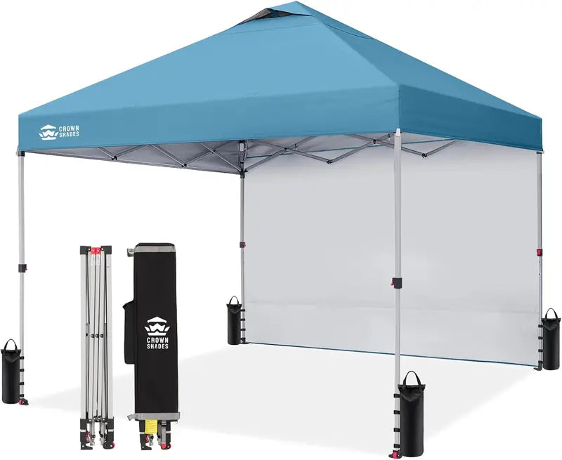 CROWN SHADES 10′ x 10′ Pop-Up Canopy with Single Sidewall: Portable Event Shelter for Parties, Campgrounds, and Outdoor Markets — Includes STO-N-Go Carry Bag