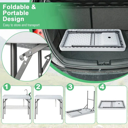 Folding Fish Cleaning Station, 42.5-Inch Stainless Table with Built-In Sink & Spray Nozzle