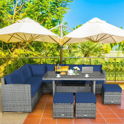 7-Piece Rattan Patio Dining Set  Sectional Sofa, Table, Ottomans & Weather-Resistant Cushions
