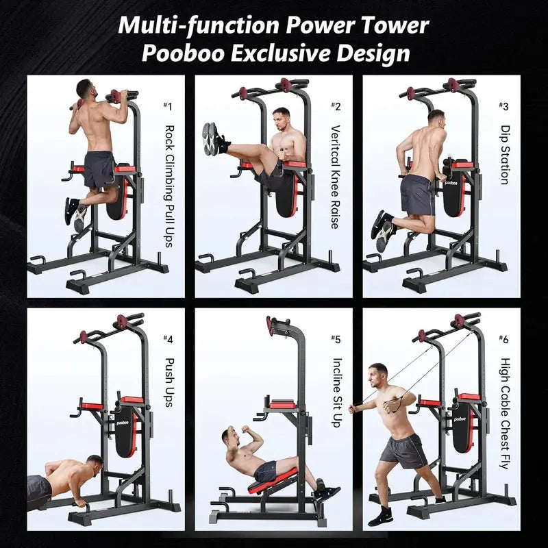 Pooboo Adjustable Power Tower  Dip Station, Pull-Up Bar & Ab Board